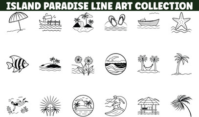 Tropical Island Paradise Line Art Collection Beach, Sea, Vacation