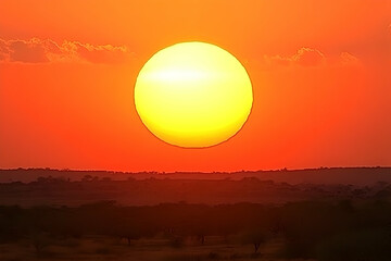 Obraz premium Fiery sunset over African savanna, large sun dominating the orange sky, silhouettes of trees and land.