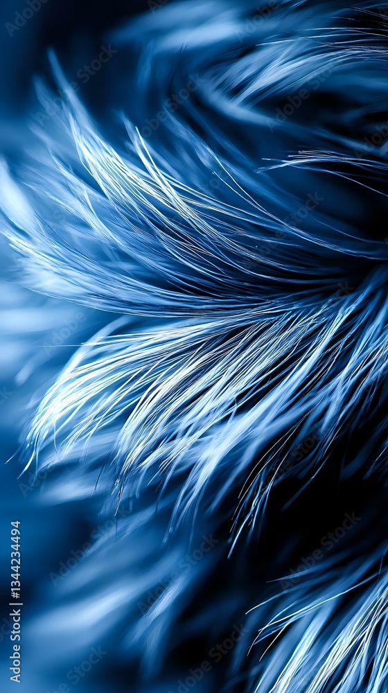 Poster ethereal blue feathers create flowing abstract patterns against dark background, with delicate stran