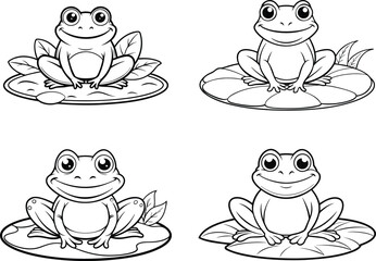 set of funny cartoon frogs line art silhouette symbol icon.