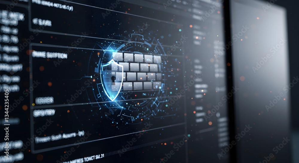 Poster a dramatic macro shot of a firewall interface on a monitor, surrounded by abstract glowing shield gr
