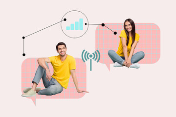 Sketch design trend artwork poster photo collage of couple young man lady sit connect smile date...