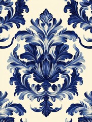 French toile inspired blue pattern on light beige background seamless pattern Extreme Close-Up