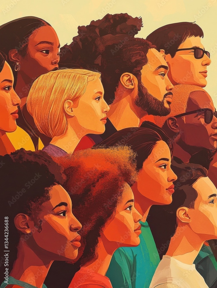 Poster the image shows a group of people of different colors and shapes. they are all looking in the same d