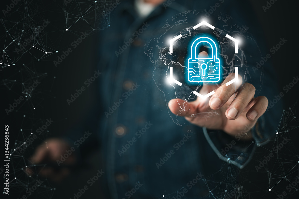 Poster a businessman interacts with a futuristic digital interface displaying a glowing padlock icon, symbo