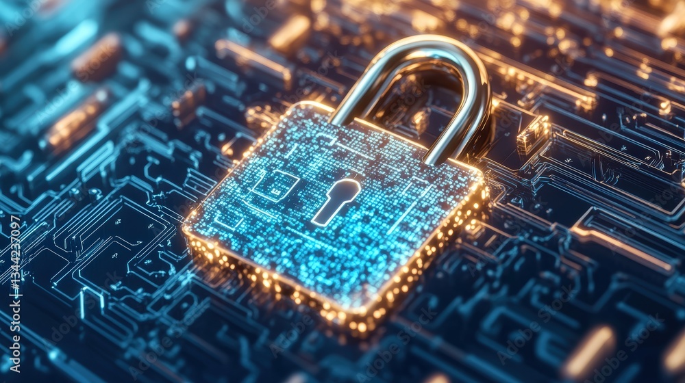 Poster digital rende of a glowing gold padlock made of data streams on a circuit board representing cyberse