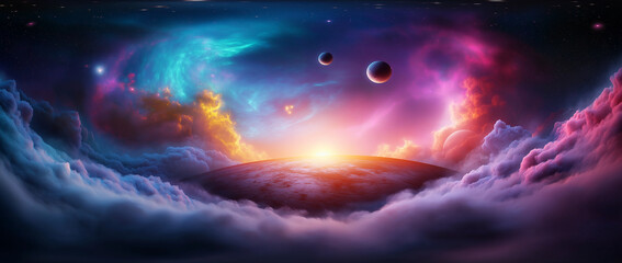 Fototapeta premium stunning cosmic landscape featuring vibrant colors and swirling clouds, with two planets visible in sky above distant horizon. scene evokes sense of wonder and exploration