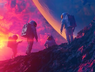 Explorers navigating an alien landscape.