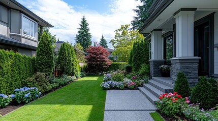 Luxury home features a manicured lawn and vibrant flower beds, set against a clear blue sky and lush greenery