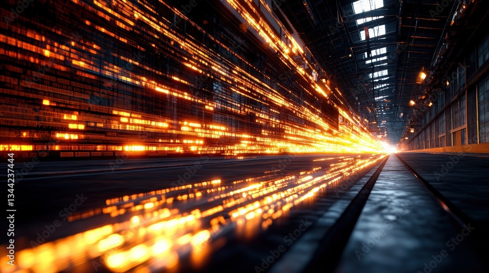 Poster bright orange data stream flowing through dark industrial corridor with wet ground reflections creat