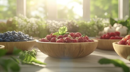 Sunlit wooden bowls brimming with fresh raspberries blueberries strawberries on a whitewashed table adorned with vibrant blooming flowers herbs