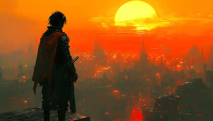 Lone figure silhouetted against a fiery sunset, overlooking a sprawling, futuristic city