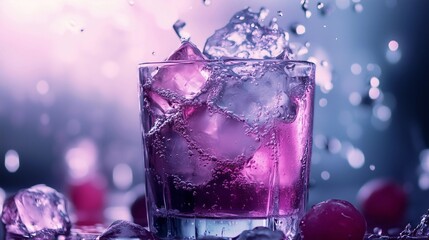 A glass of purple drink with ice cubes in it. The drink is served in a tall glass, and the ice cubes are floating in the drink, creating a cool and refreshing appearance