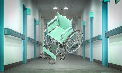 mpty turquoise wheelchair hovering in hospital corridor, representing healthcare accessibility