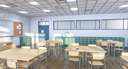 Sunlight streaming into an empty classroom