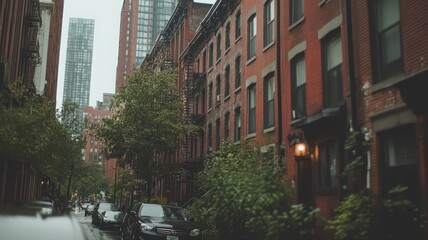 Naklejka premium Rainy City Street with Red Brick Buildings and Lush Greenery