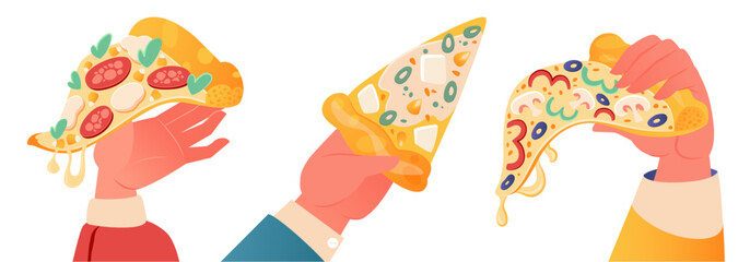 Hands holding, taking triangle pizza set. Italian fast food, cut snacks. Sausage salami and cheese, olives, basil, red and green pepper fast food eat, top and side view vector illustration
