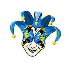 Venetian harlequin mask. Blue and yellow carnival mask, vector illustration