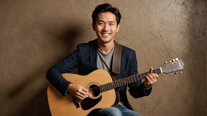 Asian man enjoying playing the guitar, representing a love for music and creative expression
