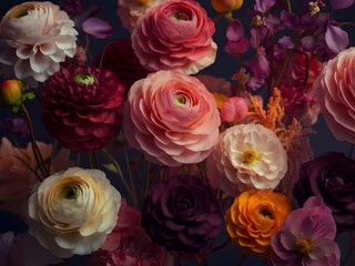 Close-up of a stunning floral arrangement featuring a variety of meticulously crafted paper flowers in rich, deep colors like burgundy, pink, peach, and orange.