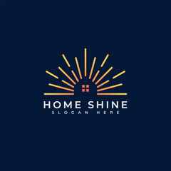 Abstract Sun Home Logo. Geometric Lines Half Sun Rays Shaped House