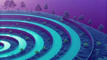 Abstract digital landscape featuring concentric circular terraces in teal and purple hues, populated with small pixelated trees and vegetation under