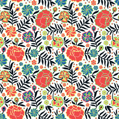 Seamless pattern with animal and floral ornament in the style of Mexican otomi embroidery