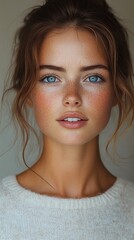 Naklejka premium Close-up of a radiant woman with freckles and mesmerizing blue eyes, showcasing natural beauty and a gentle expression. #skincare #portrait
