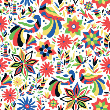 Seamless pattern with birds and floral ornament in the style of Mexican otomi embroidery