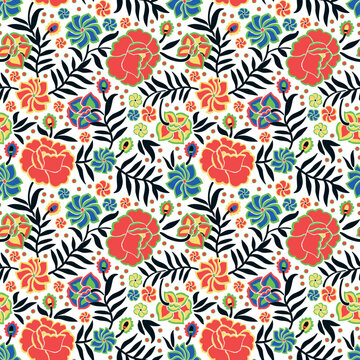 Seamless pattern with animal and floral ornament in the style of Mexican otomi embroidery