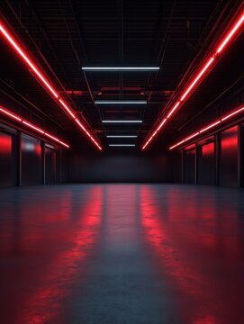 Modern garage background, futuristic warehouse with red neon lighting. Minimalist design of dark empty room, panorama of hallway interior. Concept of hangar, industry, hall, spaceship