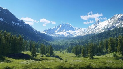 Obraz premium A serene view of towering snow-capped mountains, crisp blue water in the center of a lush valley and dense evergreen forests surrounding.