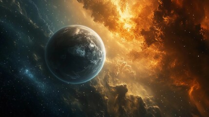 Obraz premium A planet is surrounded by a cloud of orange and blue. The planet is the main focus of the image, and the clouds are in the background. The colors of the clouds create a sense of depth and contrast
