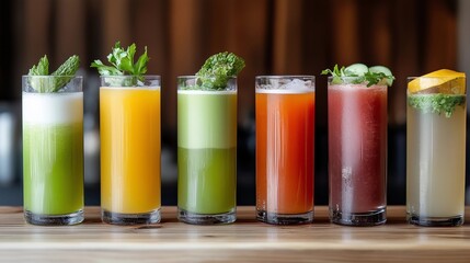 A row of six tall glasses of different colored drinks sit on a wooden table. The drinks are likely cocktails or other mixed drinks, and the glasses are arranged in a visually appealing manner