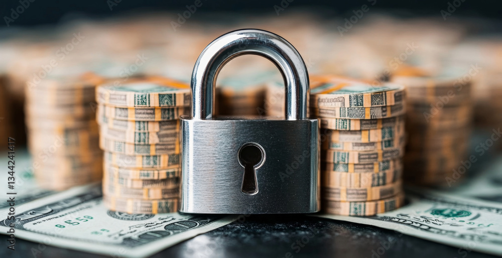 Poster a metal lock stands prominently amid stacks of cash, symbolizing the importance of security in banki