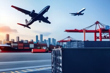 Fototapeta premium Dynamic city skyline featuring ships in the harbor and airplanes soaring above, showcasing urban vibrancy and movement.