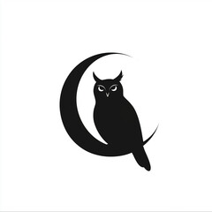 Fototapeta premium Owl silhouette against crescent moon on white background