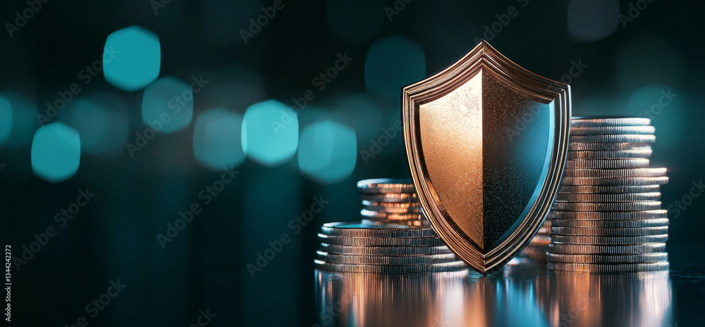Poster a secure lock and shield symbol stand in front of stacks of coins, representing the importance of pr