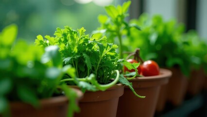Fototapeta premium Fresh herbs and tomatoes growing in terracotta pots on a sunny windowsill