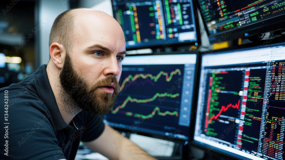 Poster focused developer analyzing data multiple monitors, showcasing financial trends and market analysis 