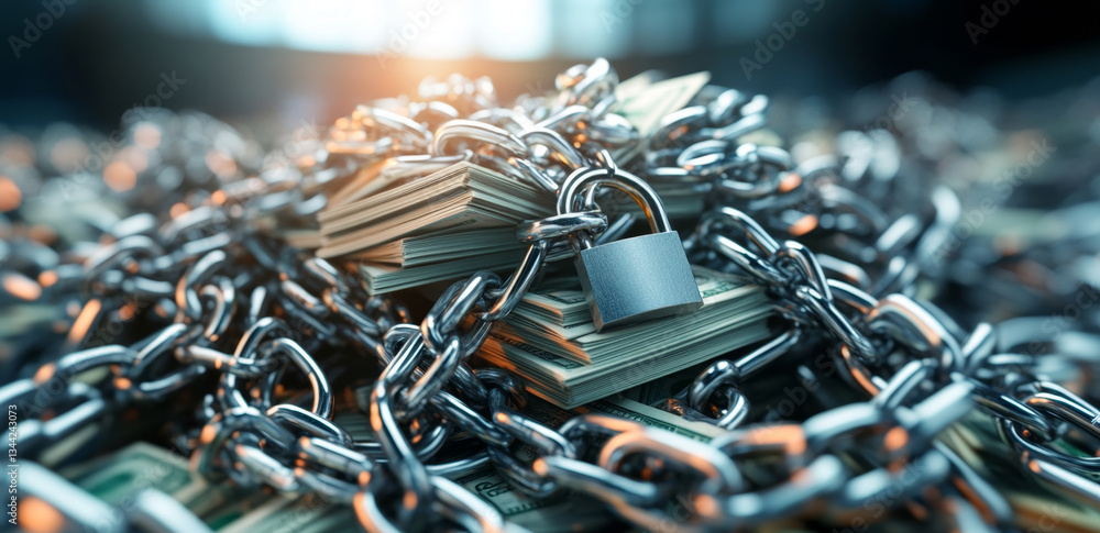 Aufkleber Stacks of cash are tightly secured with a heavy chain and padlock. The secure environment emphasizes the importance of protecting banking privacy and financial assets at all times.