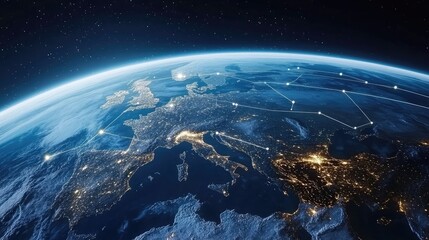 Obraz premium Glowing European cities connected by lines amidst stars, showcasing Earth's beauty and technology's role in global communication