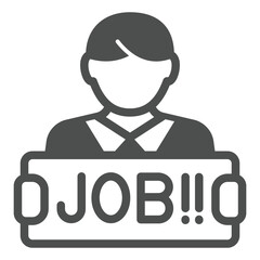 Person with job banner solid icon, recruitment concept. Vector graphics. Man looking for work sign on white background, glyph style icon for mobile or web design.