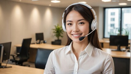 Happy Smiling Japanese Woman in Modern Office as Customer Representative: Engaging Professional Delivering Exceptional Customer Service and Communication