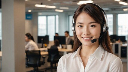 Happy Smiling Japanese Woman in Modern Office as Customer Representative: Engaging Professional Delivering Exceptional Customer Service and Communication