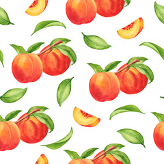 Watercolor seamless pattern of branch with peach, slices, green leaves isolated on white. 