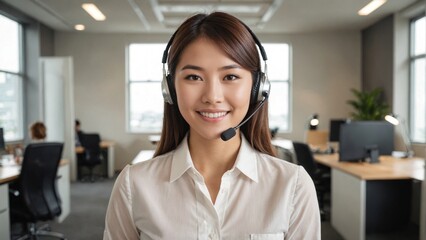 Happy Smiling Japanese Woman in Modern Office as Customer Representative: Engaging Professional Delivering Exceptional Customer Service and Communication