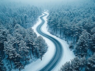 Winding Winter Road Through a Forest of Snow-Covered Trees from Above