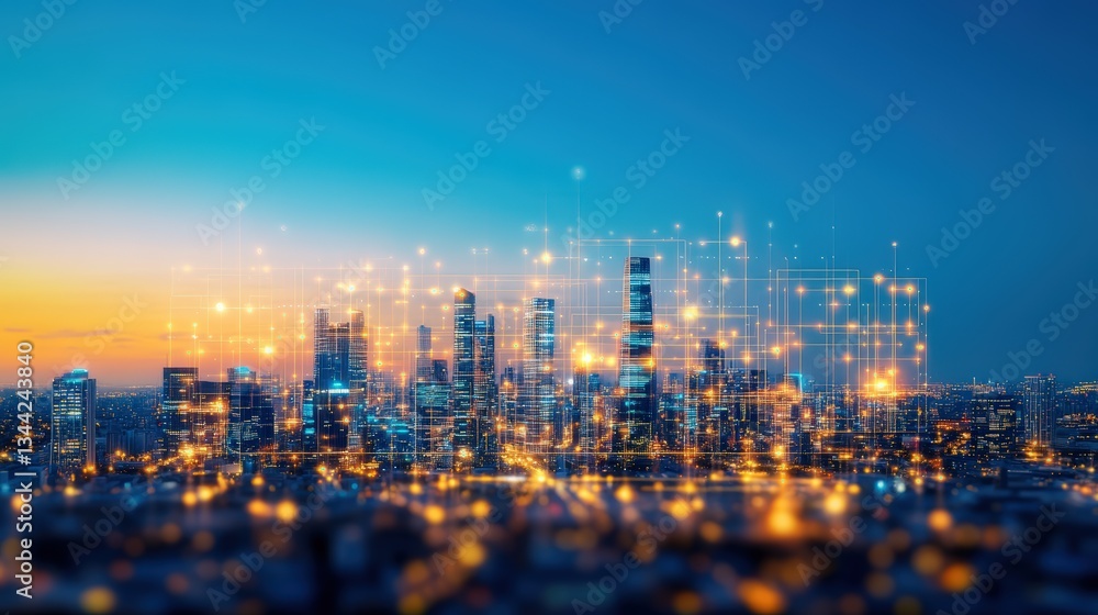 Aufkleber a breathtaking twilight cityscape showcasing digital connectivity through a luminous network of inte