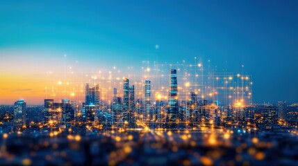 Fototapeta premium A breathtaking twilight cityscape showcasing digital connectivity through a luminous network of interlinked lines and nodes symbolizing technology's rise